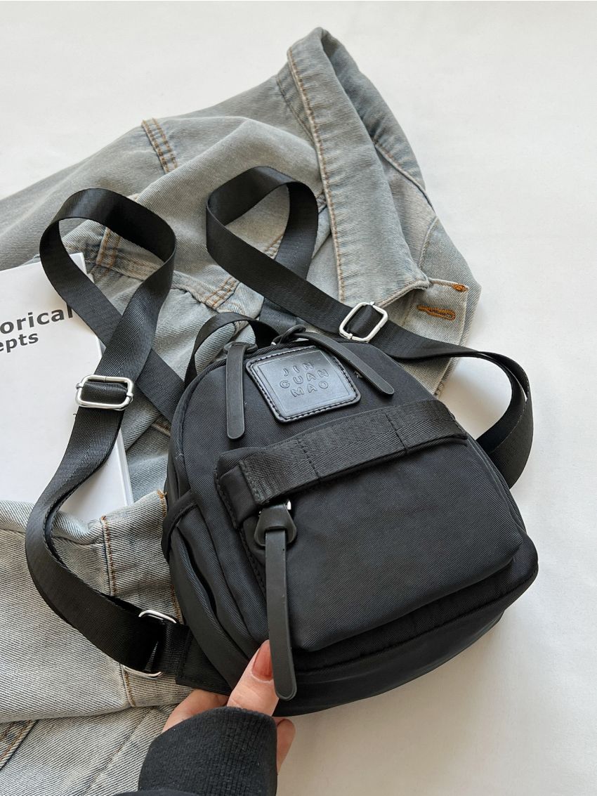 Mini Letter Patch Decor Classic Backpack Solid Black