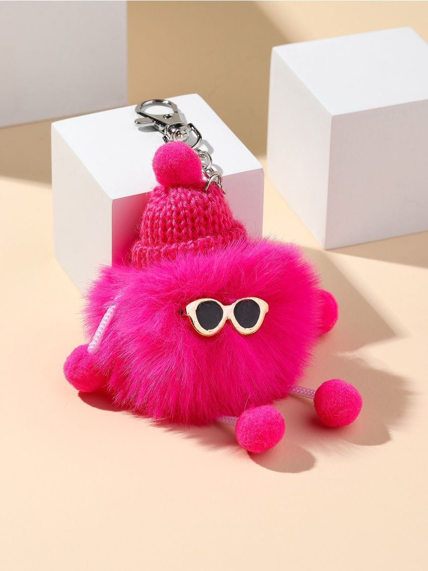 Pom Pom Design Bag Charm Neon Pink