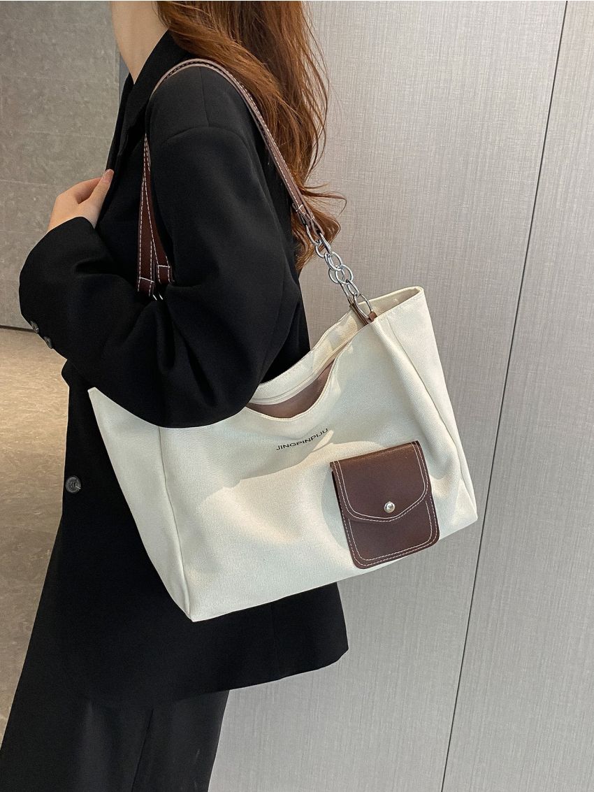 Pocket Decor Shoulder Tote Bag Double Handle Medium