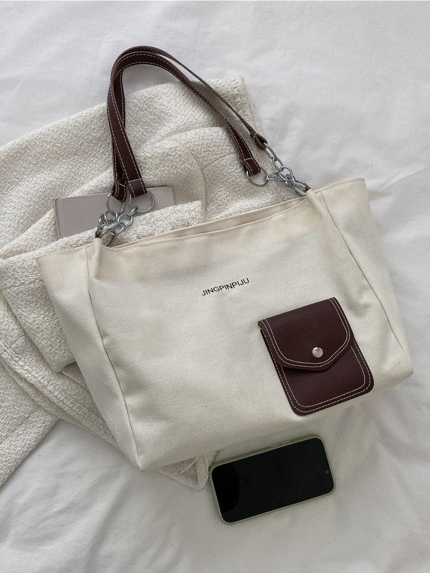 Pocket Decor Shoulder Tote Bag Double Handle Medium