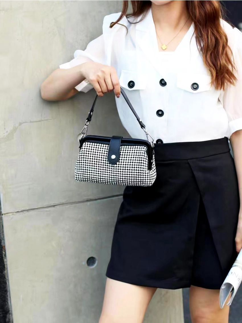 Rhinestone Decor Square Bag Snap Button For Party