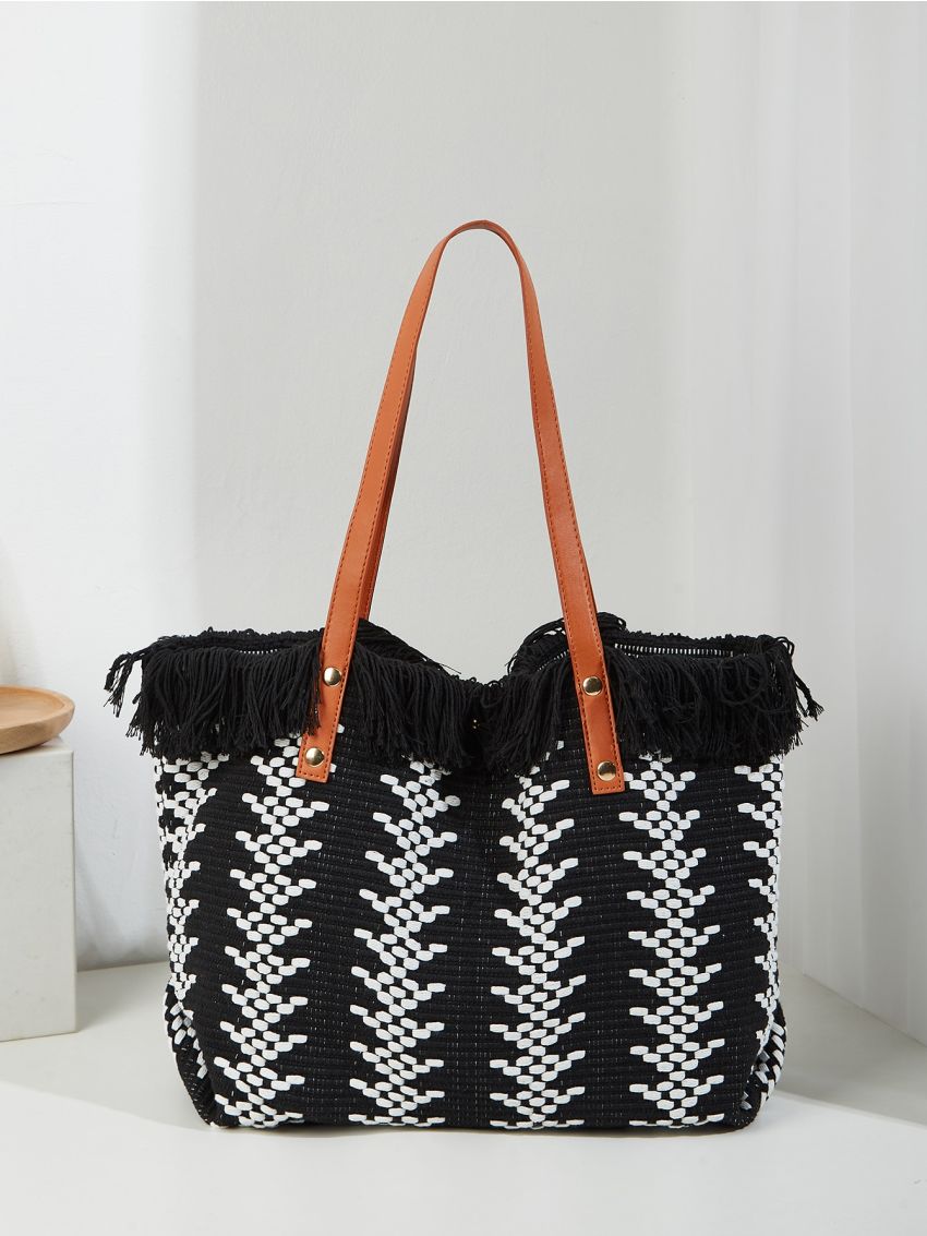Colorblock Shoulder Tote Bag Fringe Detail Large Capacity For Daily