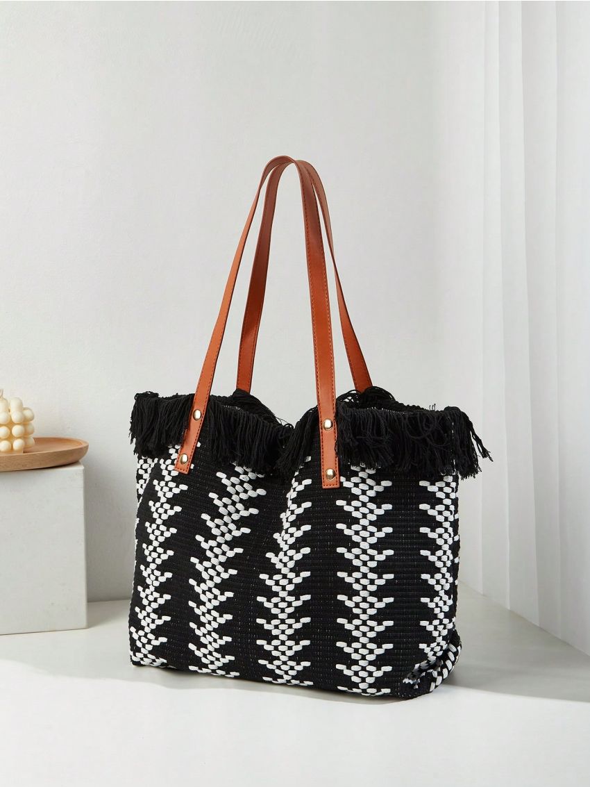 Colorblock Shoulder Tote Bag Fringe Detail Large Capacity For Daily