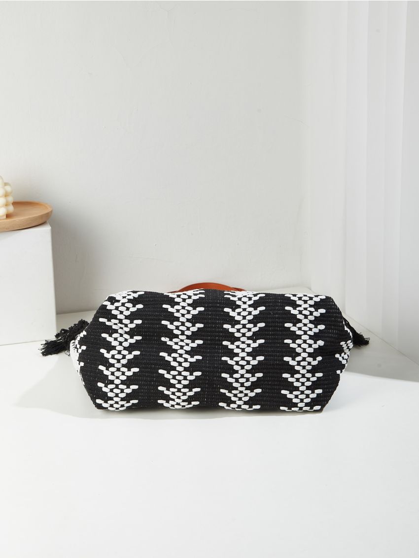 Colorblock Shoulder Tote Bag Fringe Detail Large Capacity For Daily