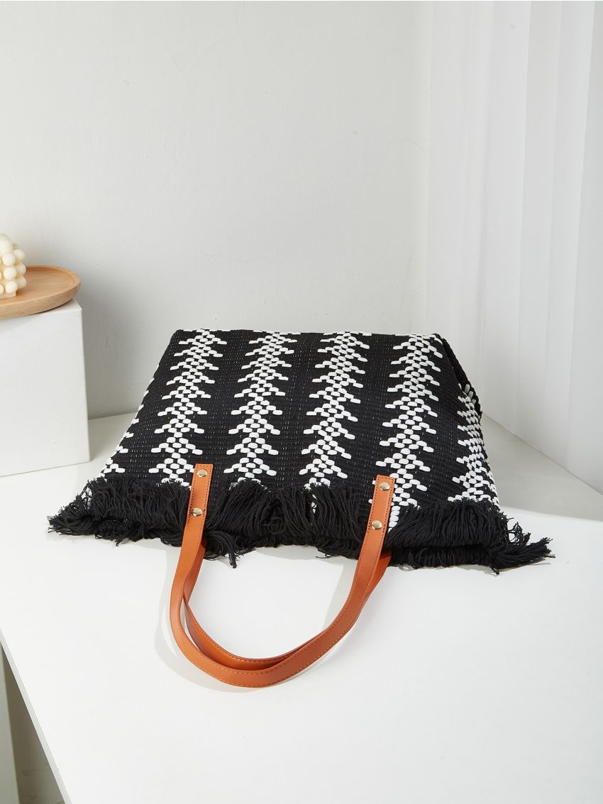 Colorblock Shoulder Tote Bag Fringe Detail Large Capacity For Daily