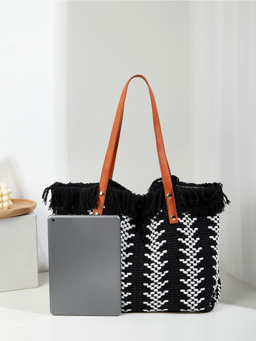 Colorblock Shoulder Tote Bag Fringe Detail Large Capacity For Daily