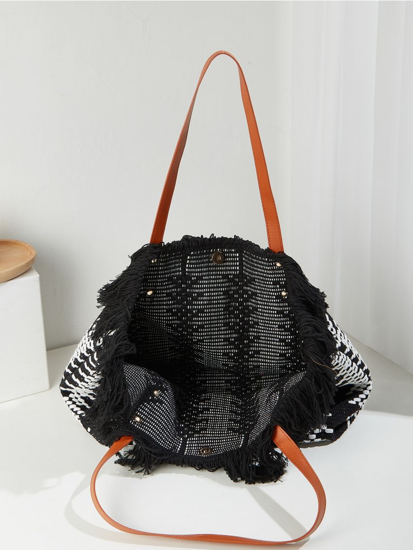 Colorblock Shoulder Tote Bag Fringe Detail Large Capacity For Daily