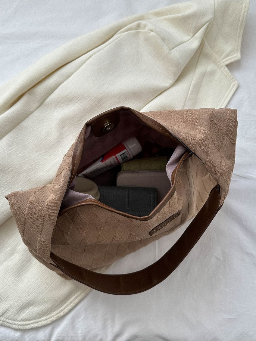 Large Hobo Bag Letter Patch Decor Geometric Embossed