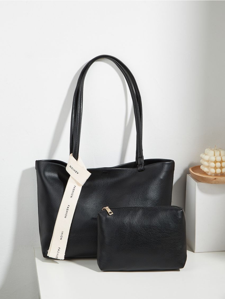 Solid Black Tote Bag Double Handle With Small Pouch
