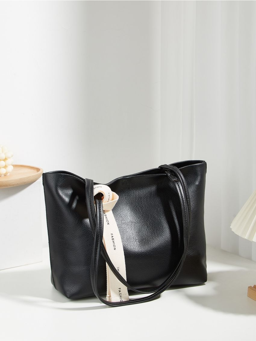 Solid Black Tote Bag Double Handle With Small Pouch