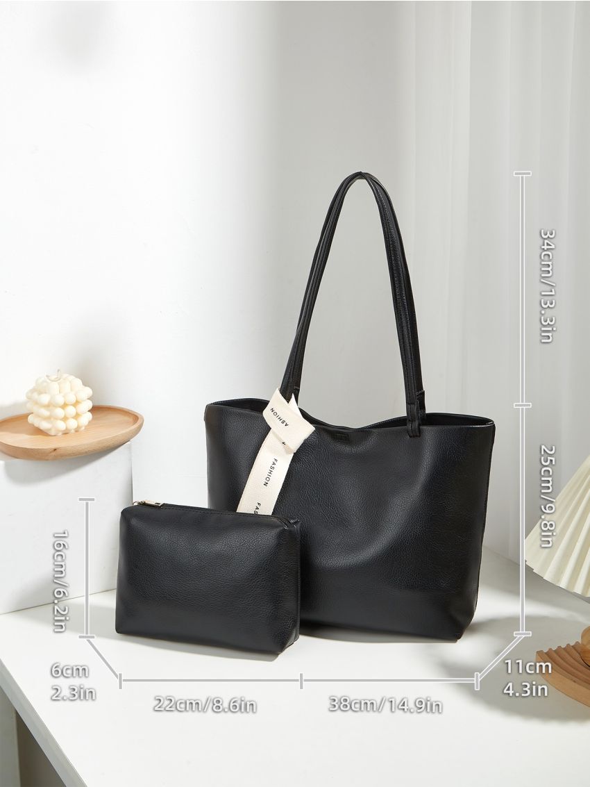 Solid Black Tote Bag Double Handle With Small Pouch