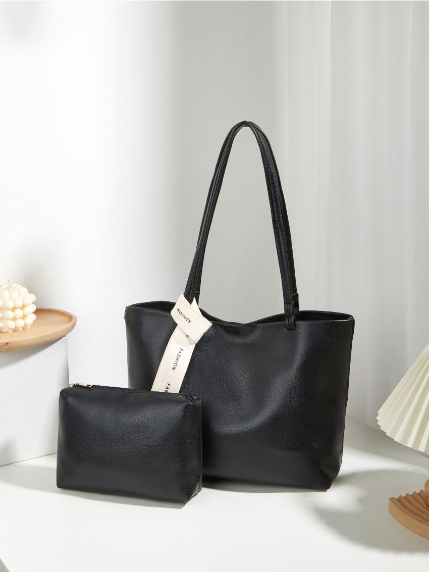 Solid Black Tote Bag Double Handle With Small Pouch
