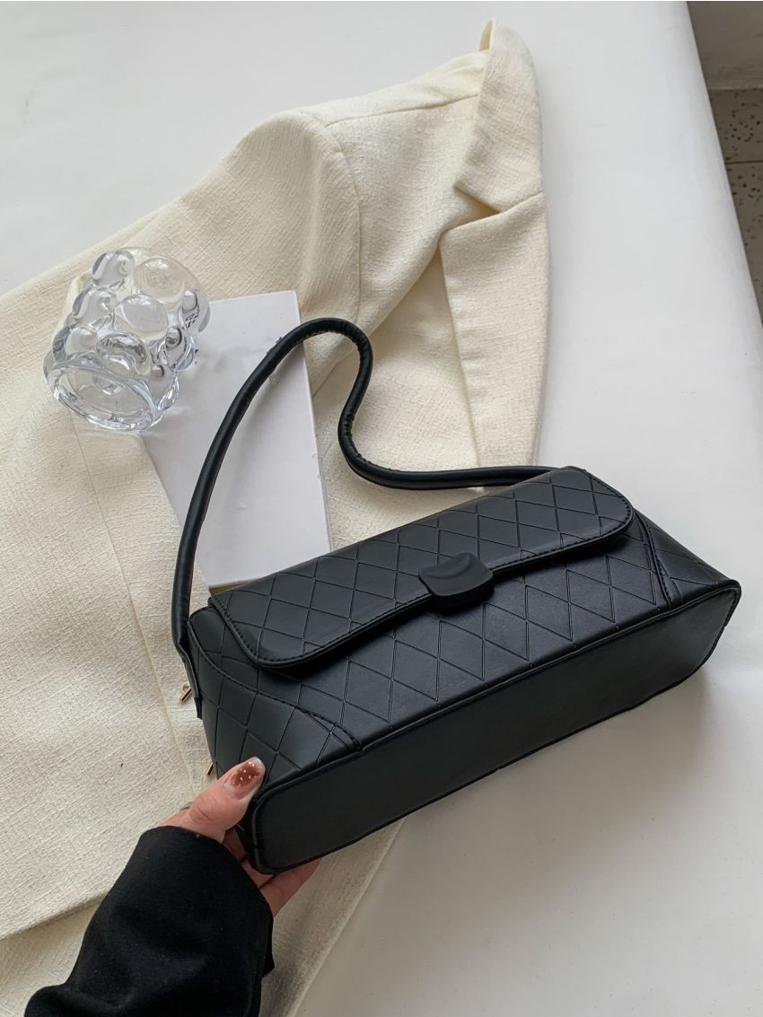Black Baguette Bag Geometric Embossed Flap PU