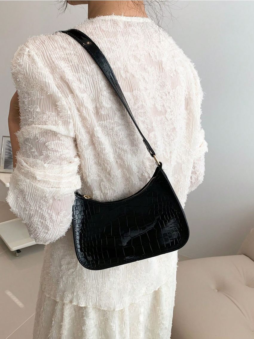 Mini Hobo Bag Crocodile Embossed With Zipper Black PU