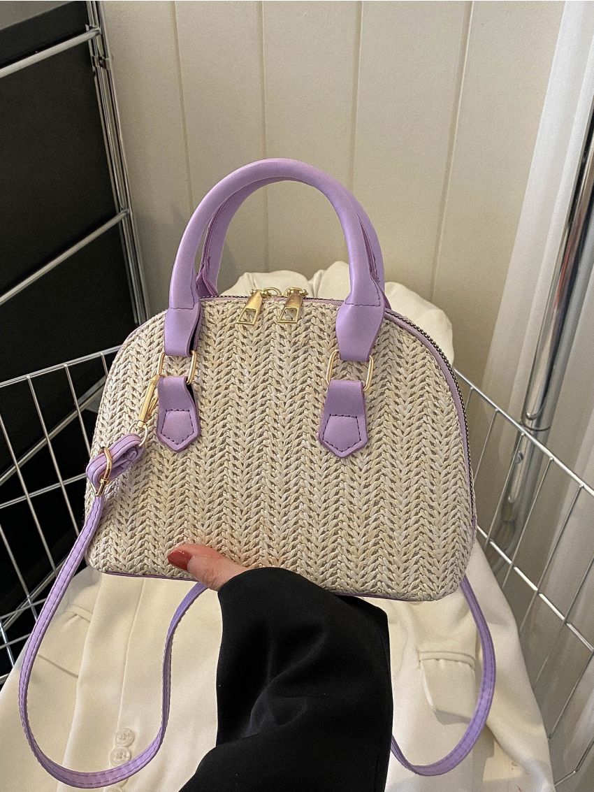 Two Tone Straw Bag Double Handle With Zipper Vacation