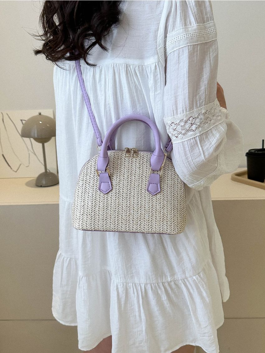Two Tone Straw Bag Double Handle With Zipper Vacation