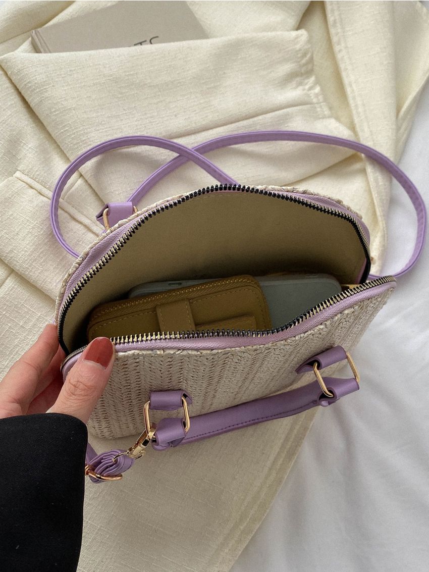 Two Tone Straw Bag Double Handle With Zipper Vacation