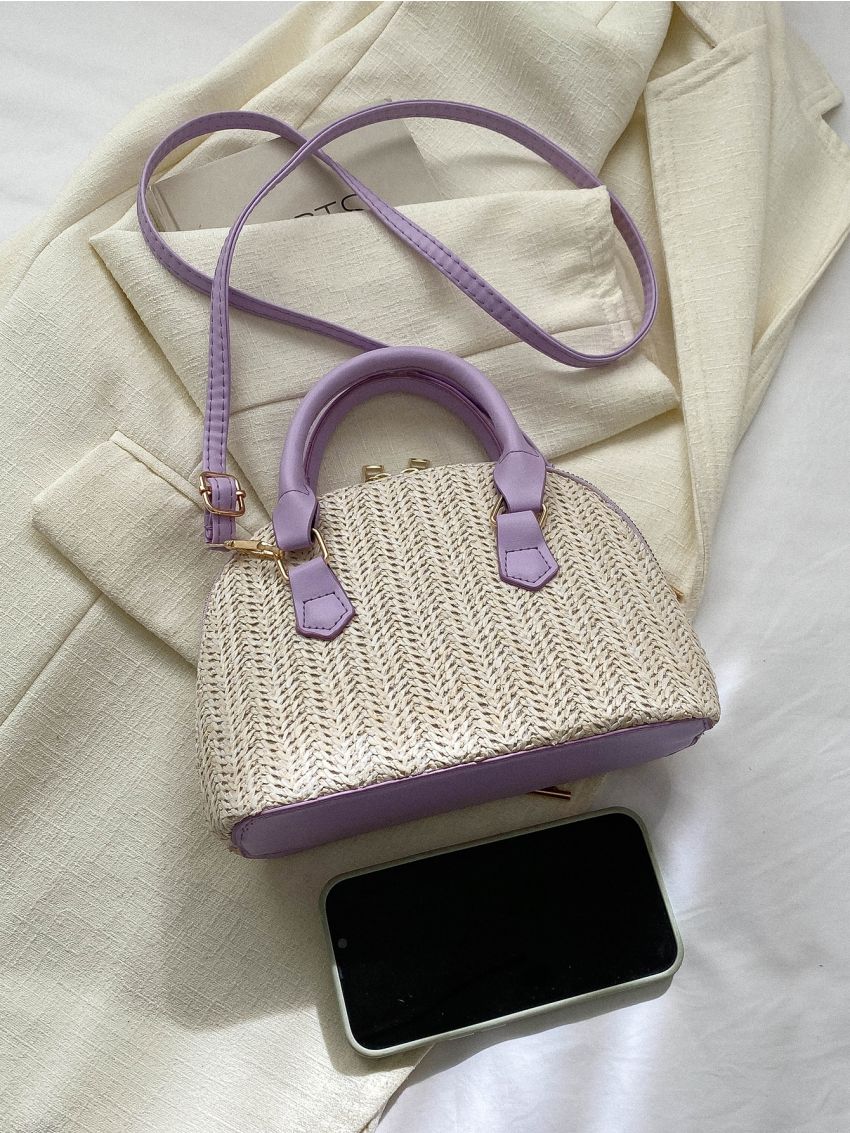 Two Tone Straw Bag Double Handle With Zipper Vacation
