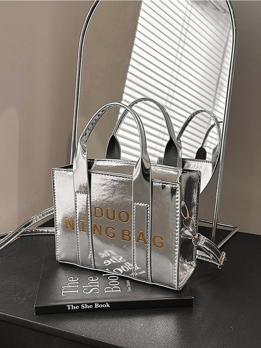 Mini Square Bag Letter Graphic Double Handle With Zipper Metallic PU Funky