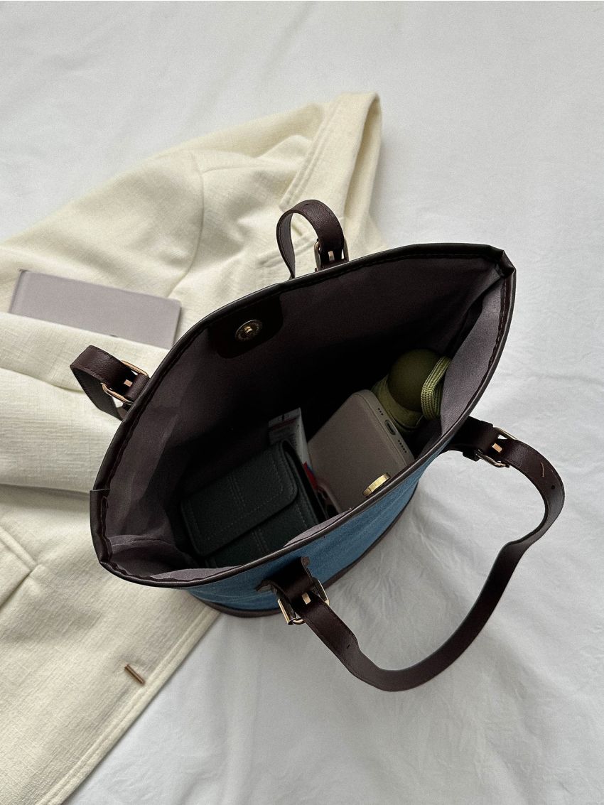 Small Two Tone Bucket Bag Buckle Decor Contrast Binding