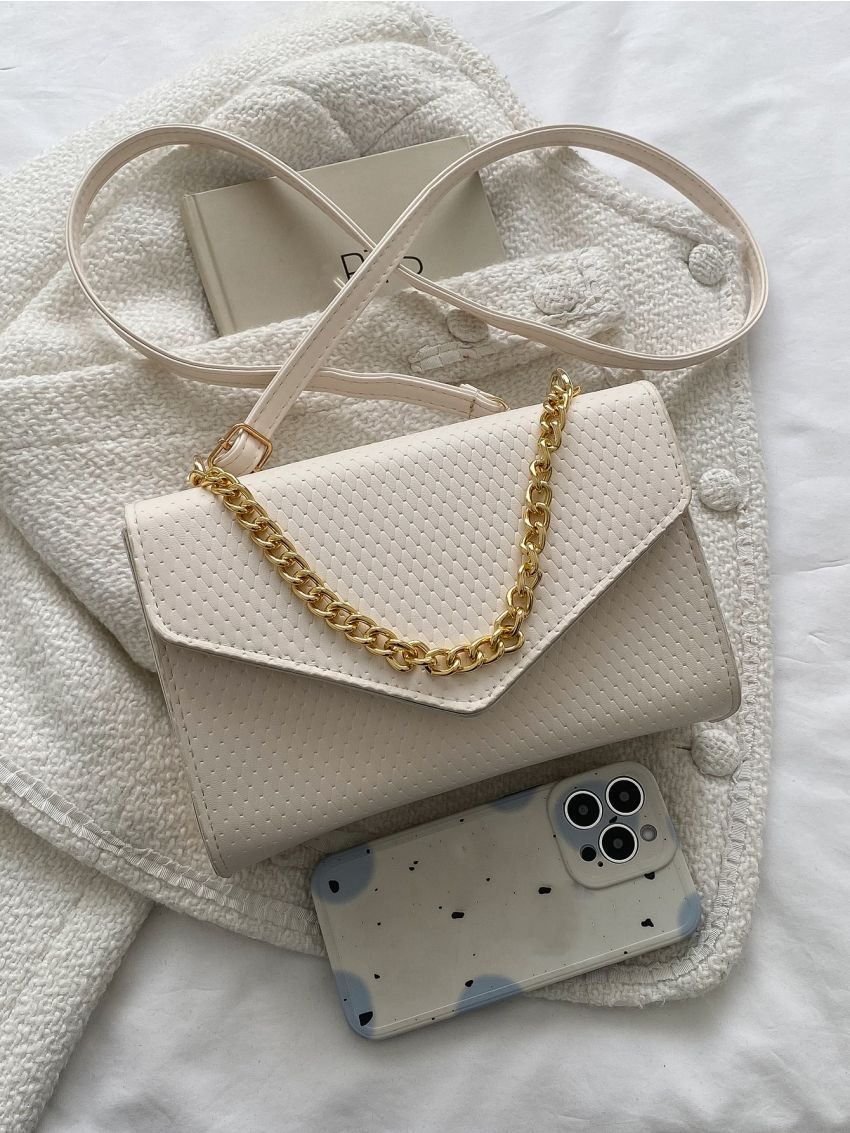 Geometric Embossed Square Bag Chain Decor Flap White PU