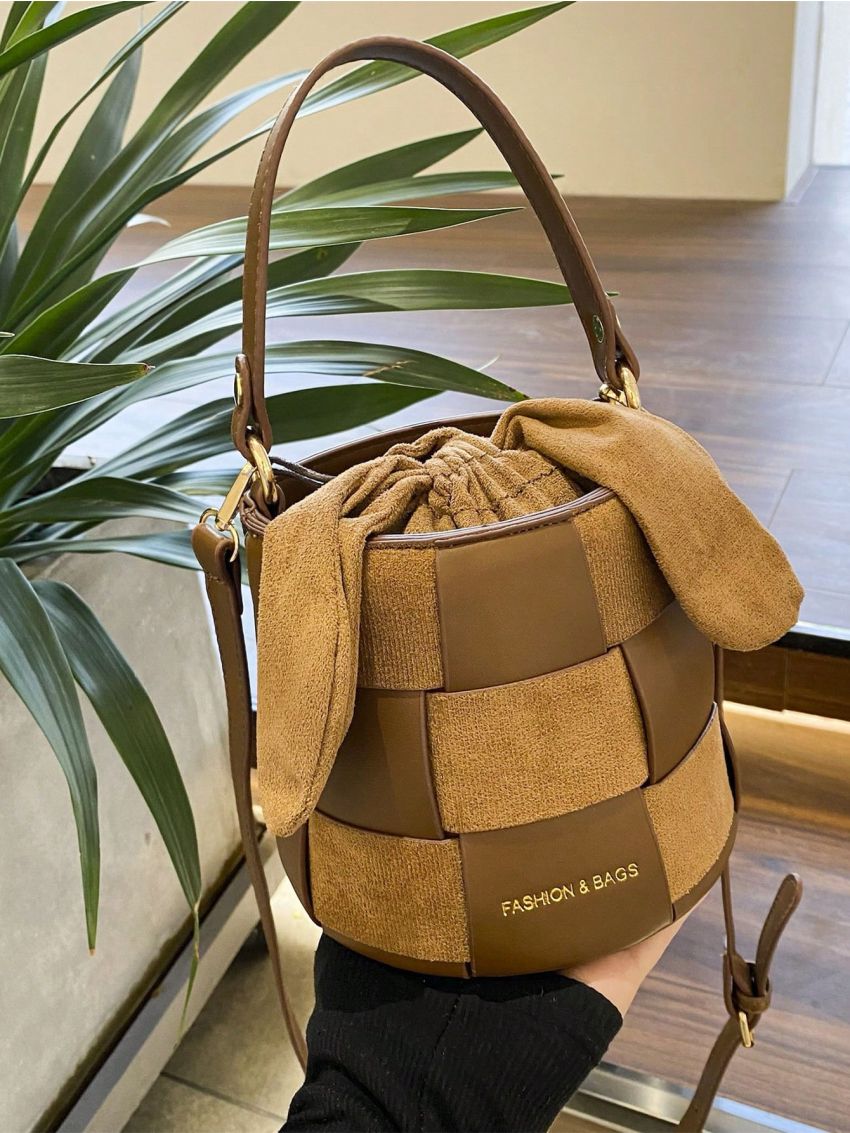 Mini Bucket Bag Letter Pattern Colorblock Drawstring Braided Design