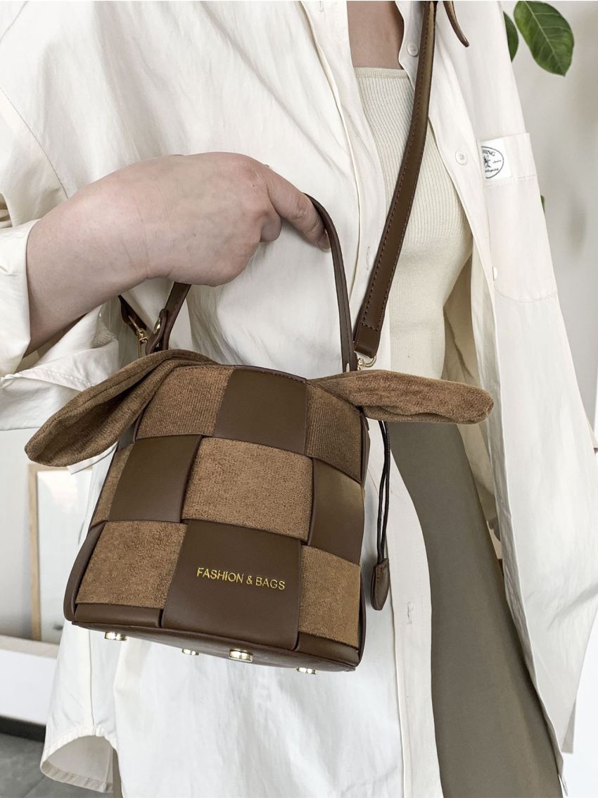 Mini Bucket Bag Letter Pattern Colorblock Drawstring Braided Design