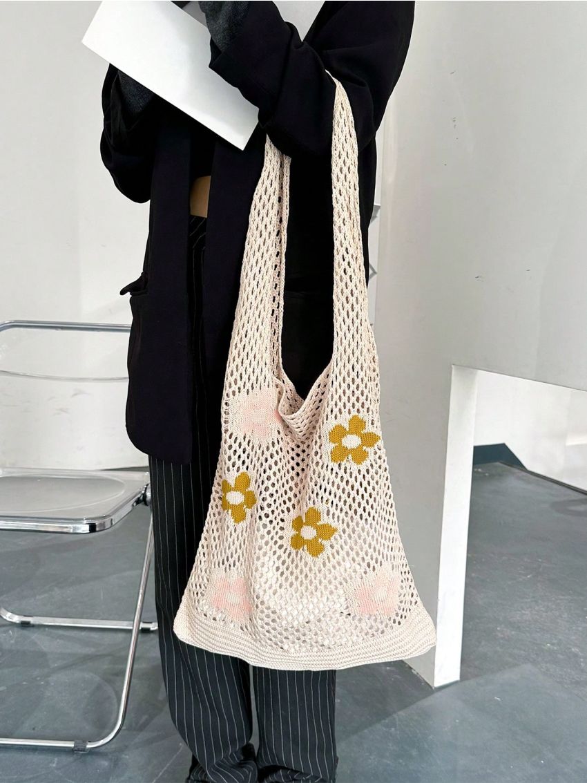 Floral Pattern Crochet Bag Hollow Out Vacation Fashion Hollowed Out Design Hand Bill Of Lading Shoulder Bag, Floral Details Crochet Bag, Ladies Holiday Leisure Large Capacity Woven Shopping Bag
