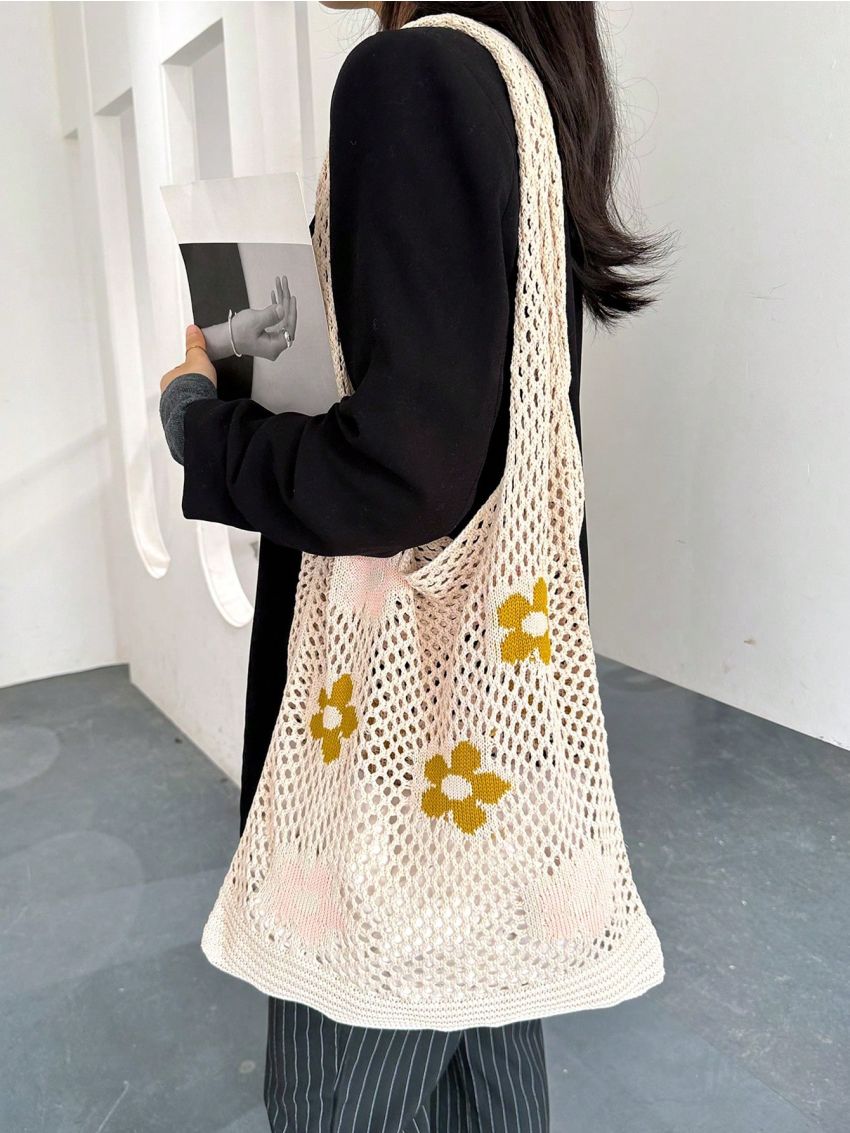 Floral Pattern Crochet Bag Hollow Out Vacation Fashion Hollowed Out Design Hand Bill Of Lading Shoulder Bag, Floral Details Crochet Bag, Ladies Holiday Leisure Large Capacity Woven Shopping Bag