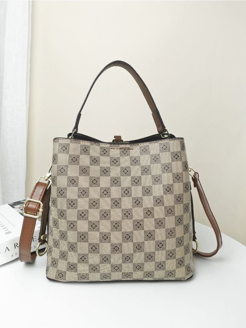 Geometric Pattern Bucket Bag For Women Vintage Plaid Pattern Bucket Bag, Women's Shoulder Handbag, Fashion Crossbody Purse With Wide Strap