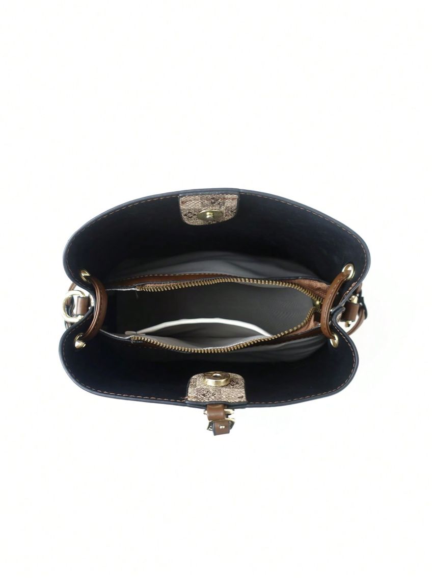 Geometric Pattern Bucket Bag For Women Vintage Plaid Pattern Bucket Bag, Women's Shoulder Handbag, Fashion Crossbody Purse With Wide Strap