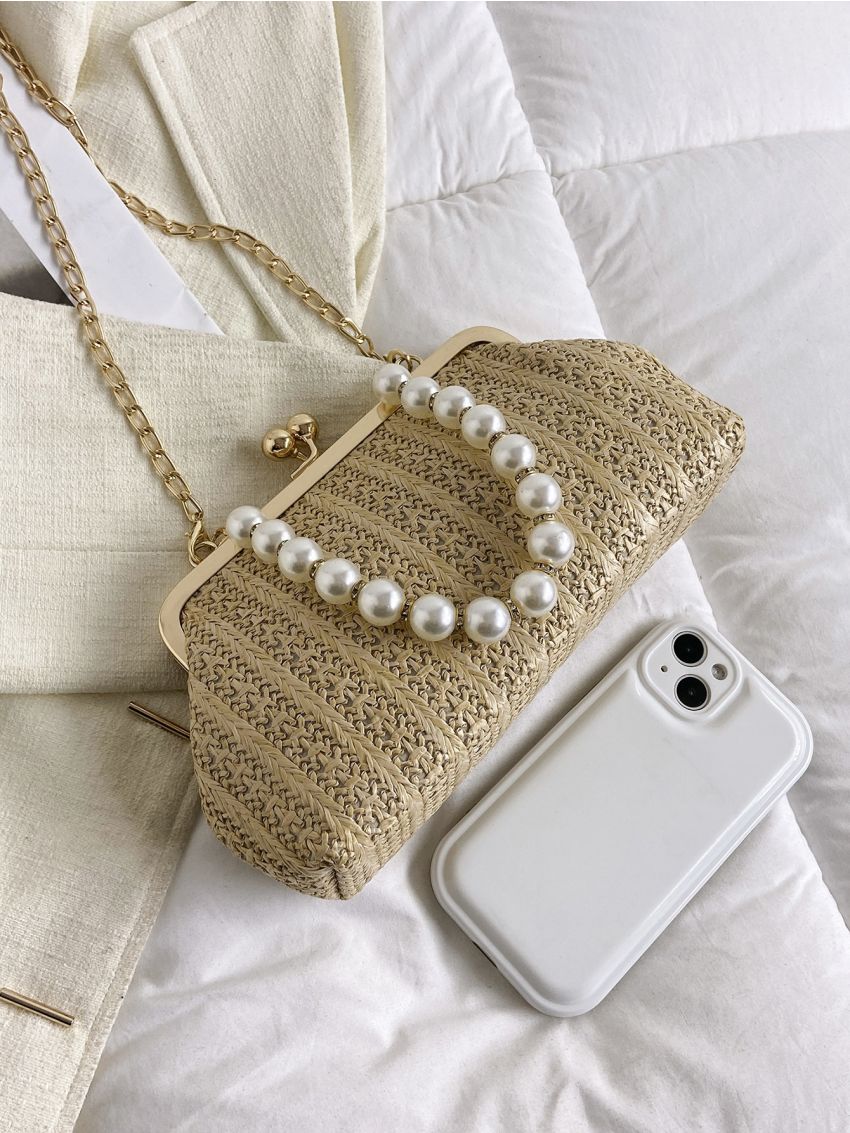 Faux Pearl Beaded Straw Bag Kiss Lock Vacation