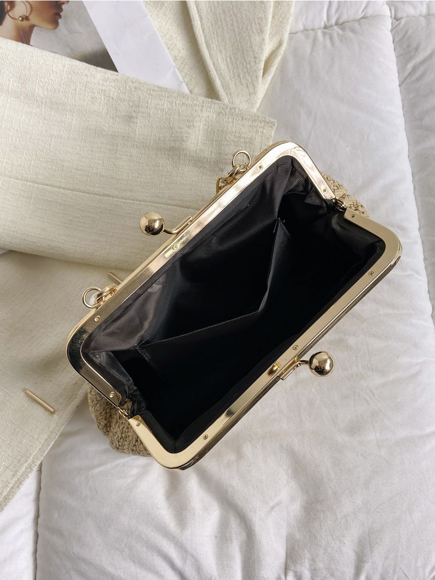 Faux Pearl Beaded Straw Bag Kiss Lock Vacation