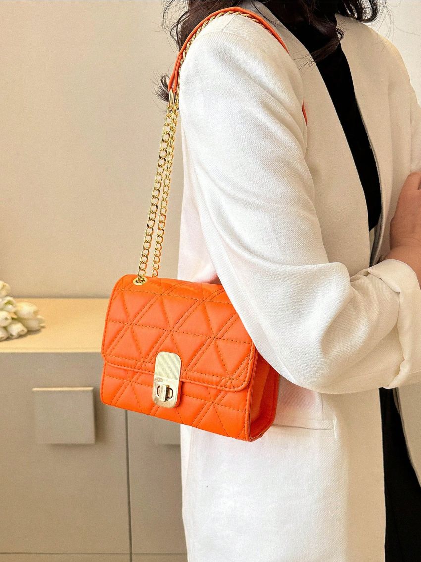 Mini Square Bag Quilted Twist Lock PU Neon Orange Funky