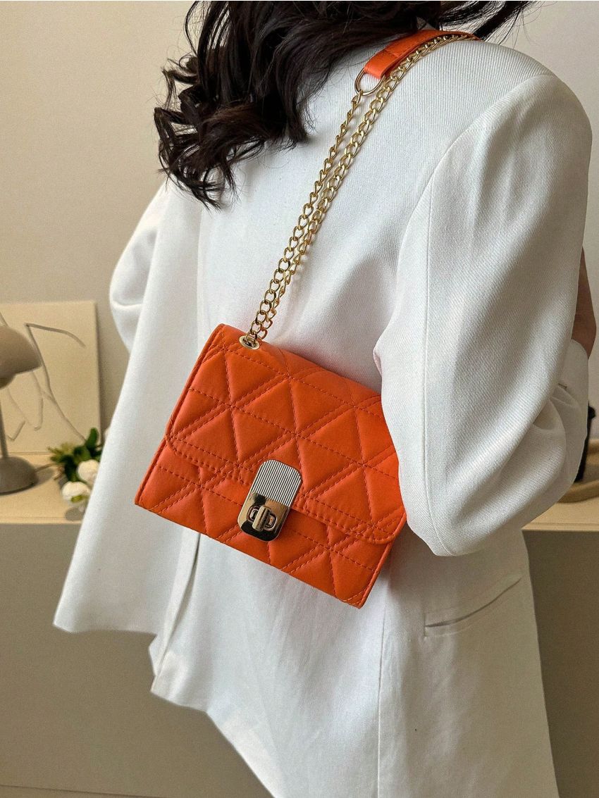 Mini Square Bag Quilted Twist Lock PU Neon Orange Funky