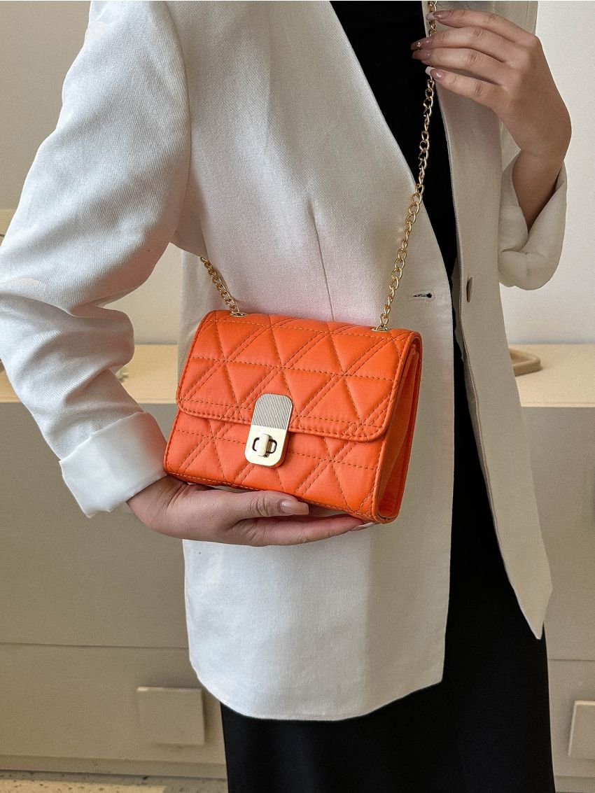 Mini Square Bag Quilted Twist Lock PU Neon Orange Funky