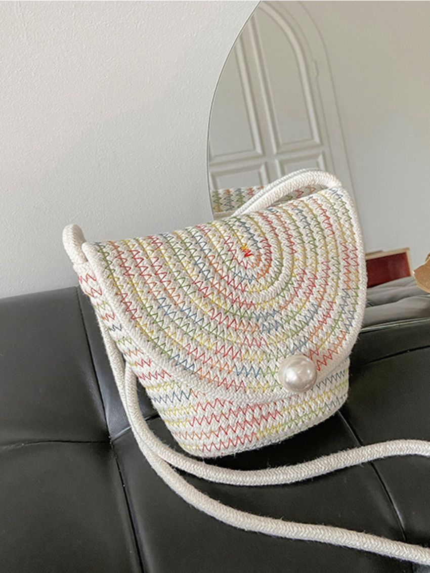Faux Pearl Decor Straw Bag Flap Vacation Stitch Detail