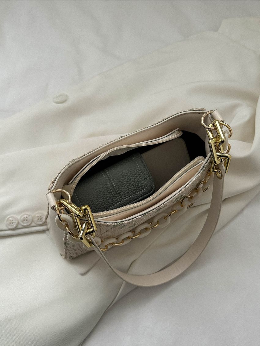 Plant Embroidered Straw Bag Chain Decor Vacation