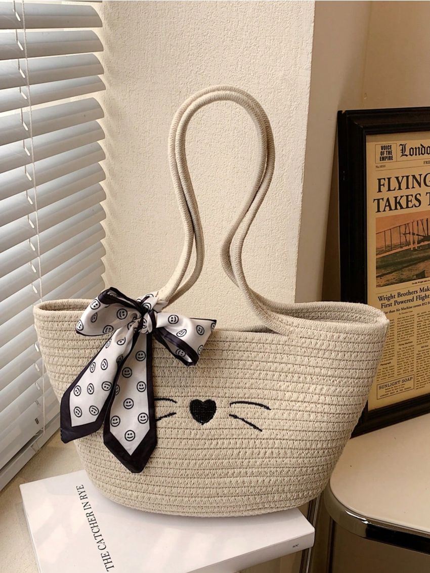 Twilly Scarf Decor Straw Bag Small Vacation