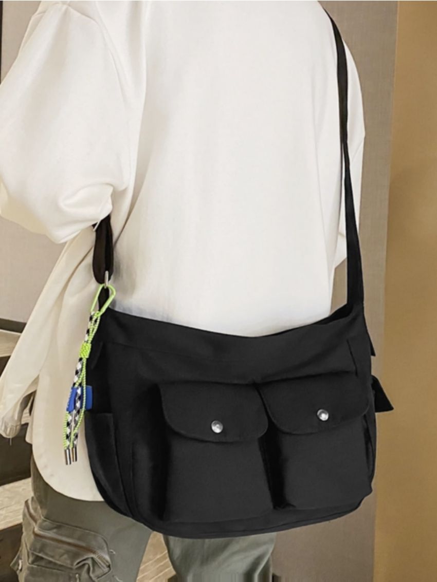 Pocket Front Hobo Bag With Bag Charm Nylon