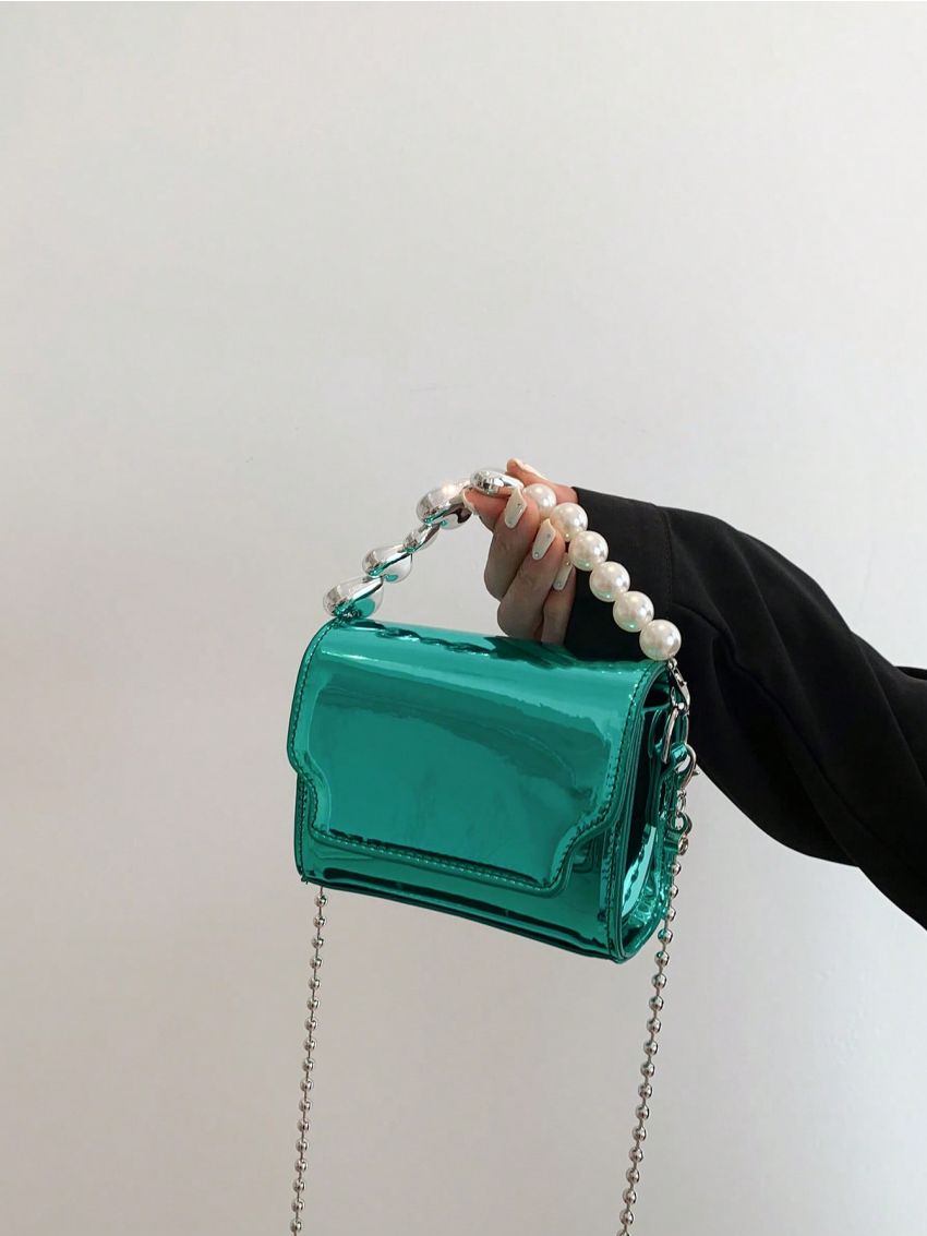 Faux Pearl Beaded Square Bag Mini Funky Metallic