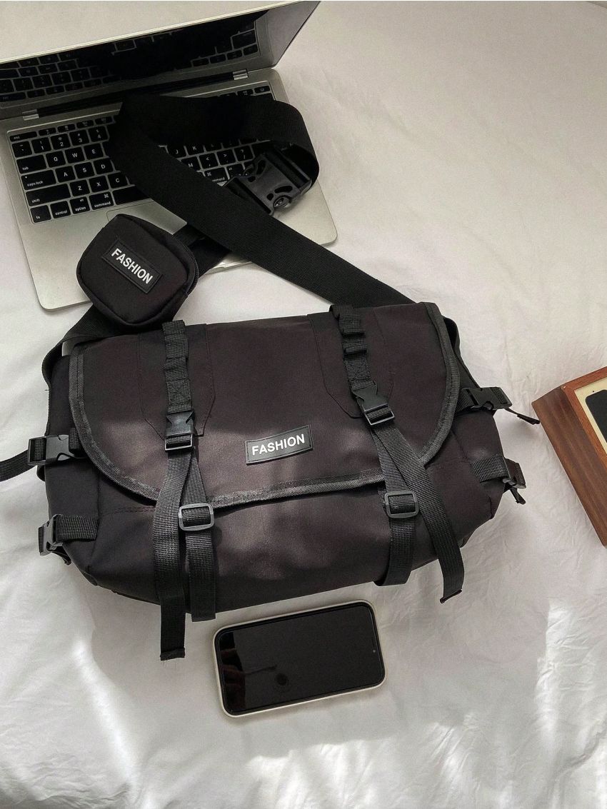 Letter Patch Decor Messenger Bag Release Buckle Design With Coin Purse