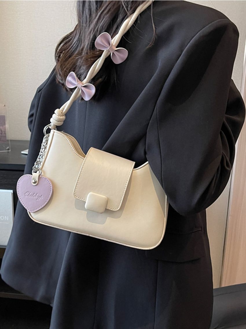 Bow Decor Hobo Bag With Bag Charm PU