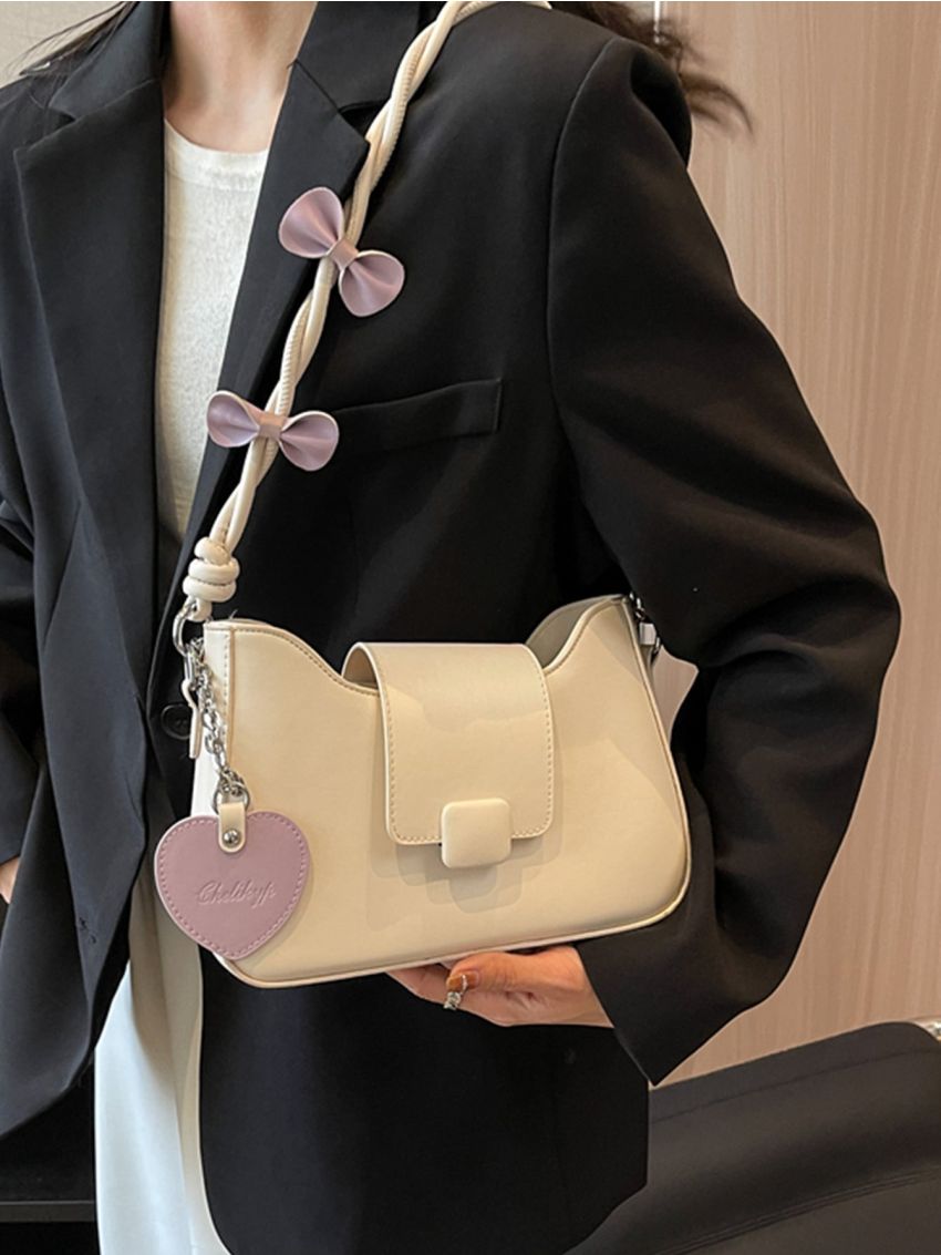 Bow Decor Hobo Bag With Bag Charm PU