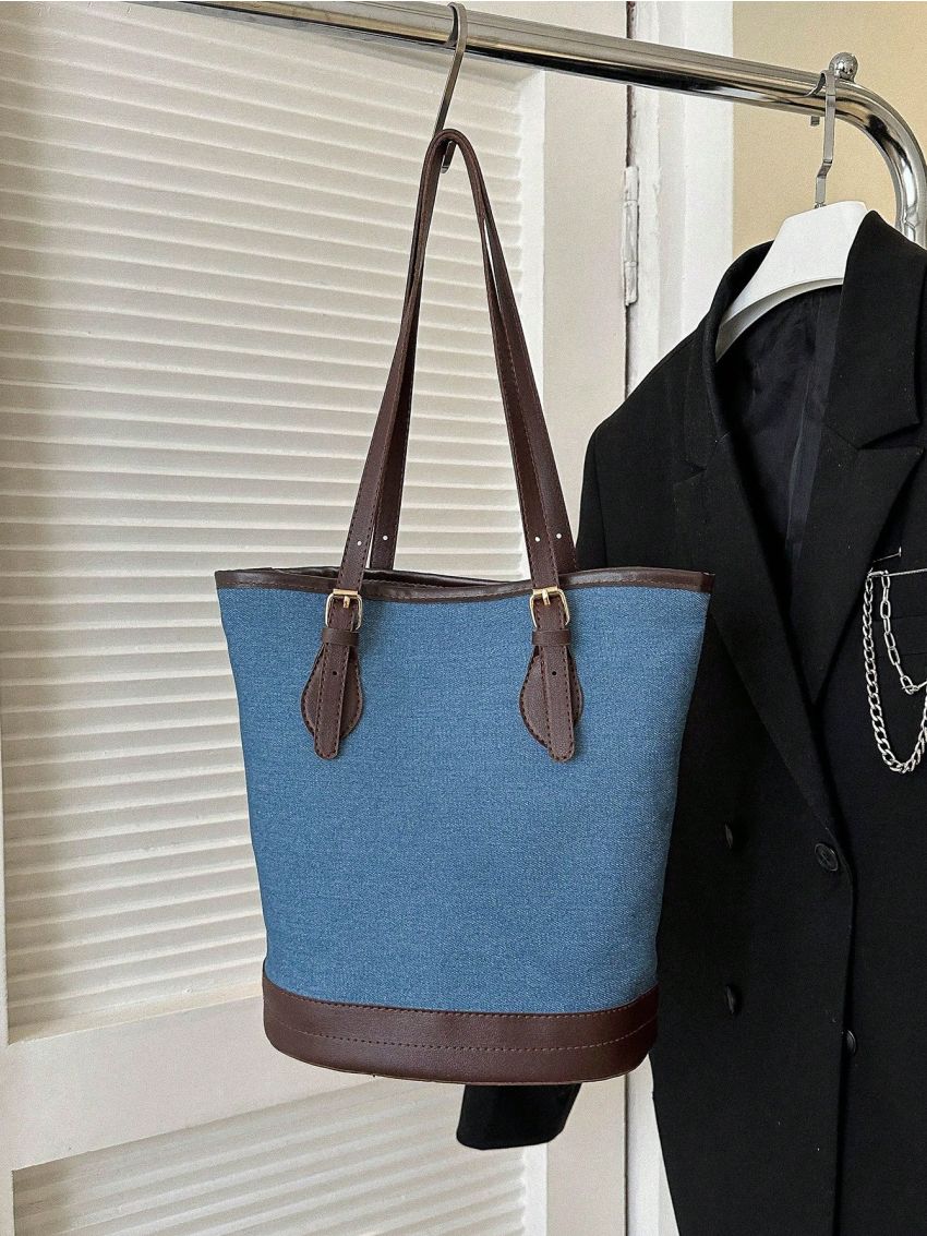 Colorblock Shoulder Tote Bag Small Buckle Decor Contrast Binding