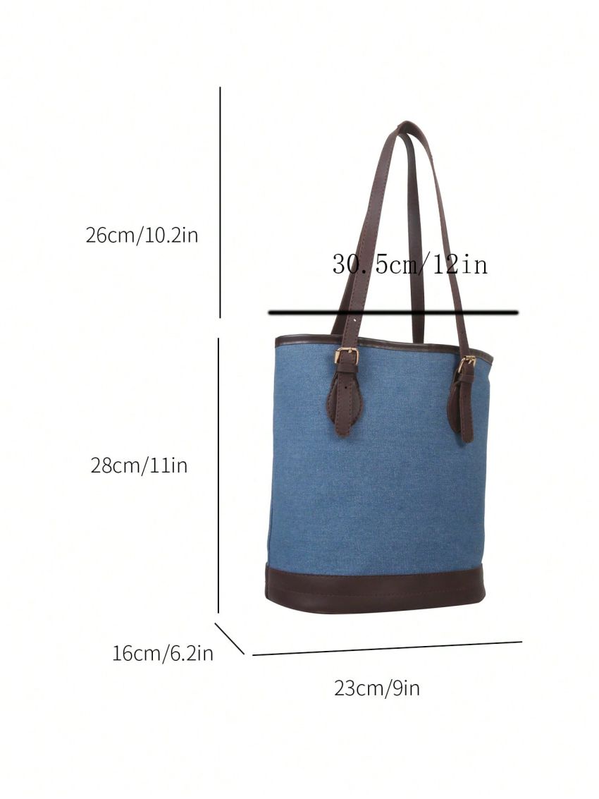 Colorblock Shoulder Tote Bag Small Buckle Decor Contrast Binding