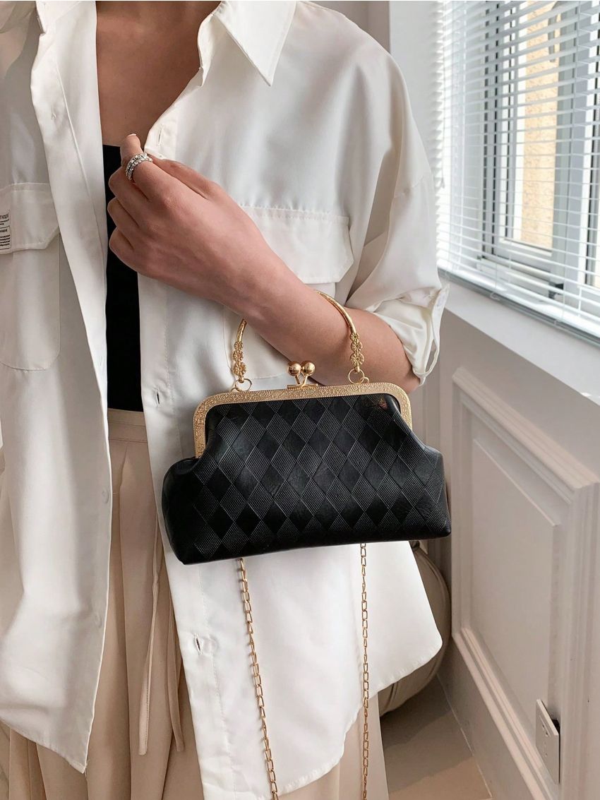 Small Satchel Bag Argyle Embossed Chain Strap