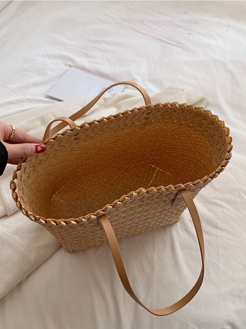 Khaki Straw Bag Large Capacity Double Handle For Vacation