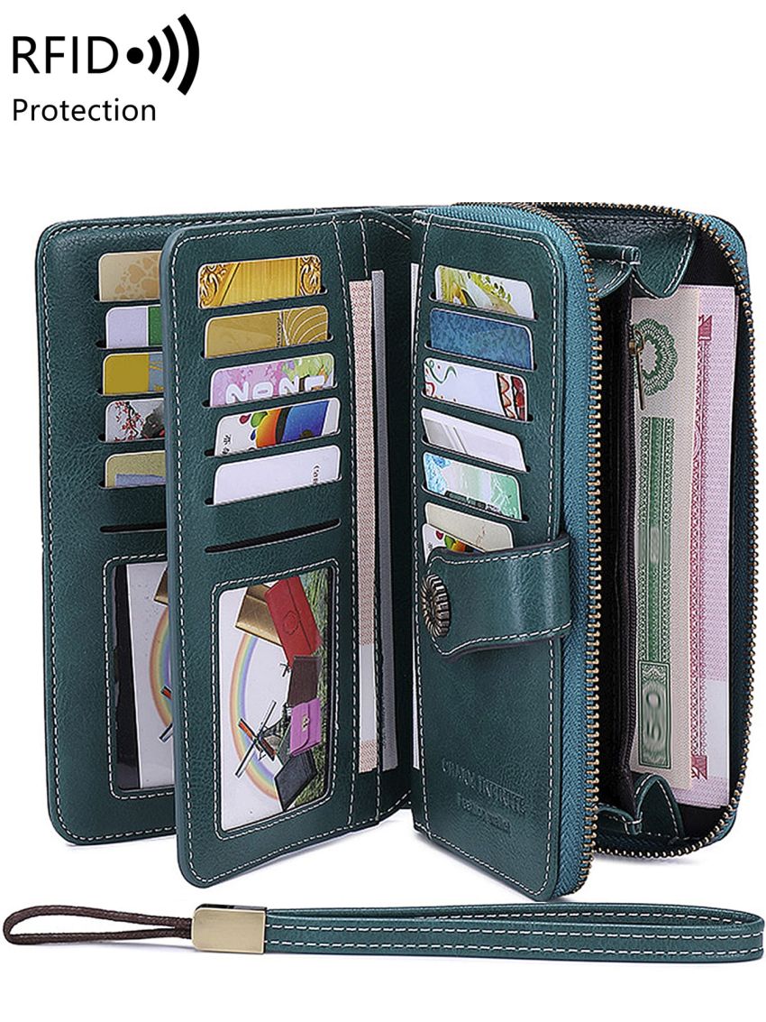 Green Long Wallet Metal Decor Tri-Fold RFID For Daily
