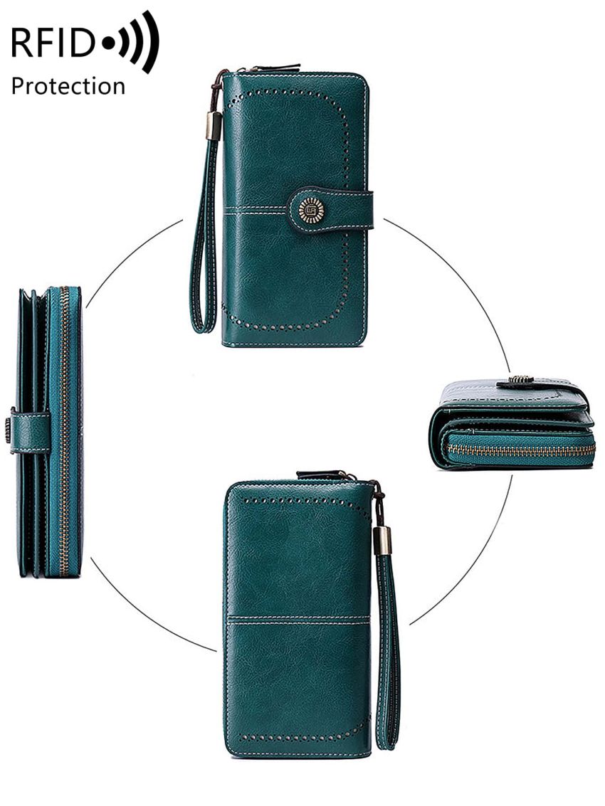 Green Long Wallet Metal Decor Tri-Fold RFID For Daily